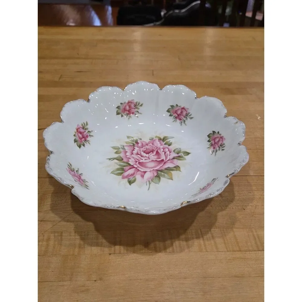 Antique Malmaison Bavaria RC Porcelain Pink Rose Bowl Scalloped Gold Trim Large